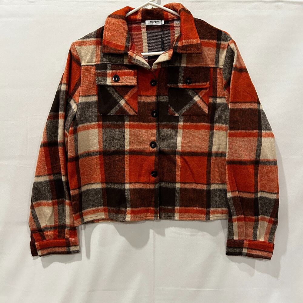 Zeagoo Cropped Flannel Shacket Orange Plaid Button Down Jacket Women's - size: S